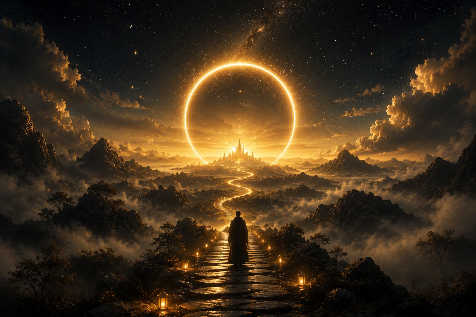 A lone figure walks a lantern-lit stone path toward a glowing golden ring of light above a distant radiant city — the journey to the light.